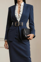 Load image into Gallery viewer, 2 Piece Navy Pencil Notched Lapel Long Sleeves Midi Business Suits with Belt