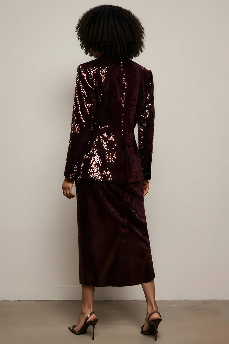 Load image into Gallery viewer, 2 Piece Sparkly Burgundy Peak Lapel Sequin Long Sleeves Prom Suits with Slit