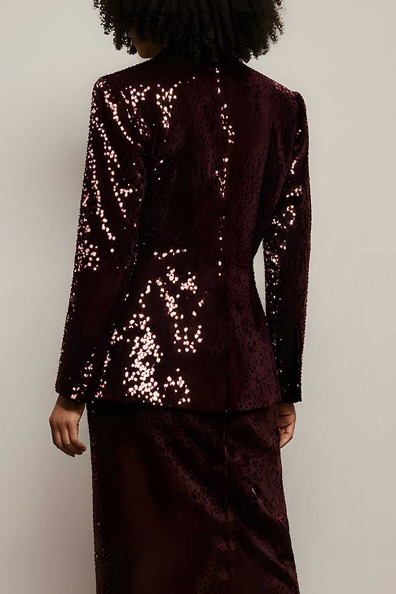 Load image into Gallery viewer, 2 Piece Sparkly Burgundy Peak Lapel Sequin Long Sleeves Prom Suits with Slit
