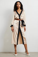 Load image into Gallery viewer, Champagne Satin Pencil V-Neck Long Sleeves Work Dress with Belt