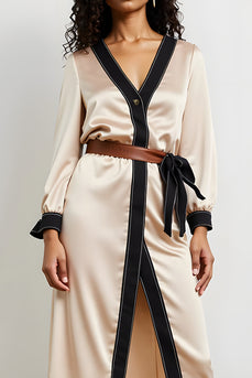 Champagne Satin Pencil V-Neck Long Sleeves Work Dress with Belt
