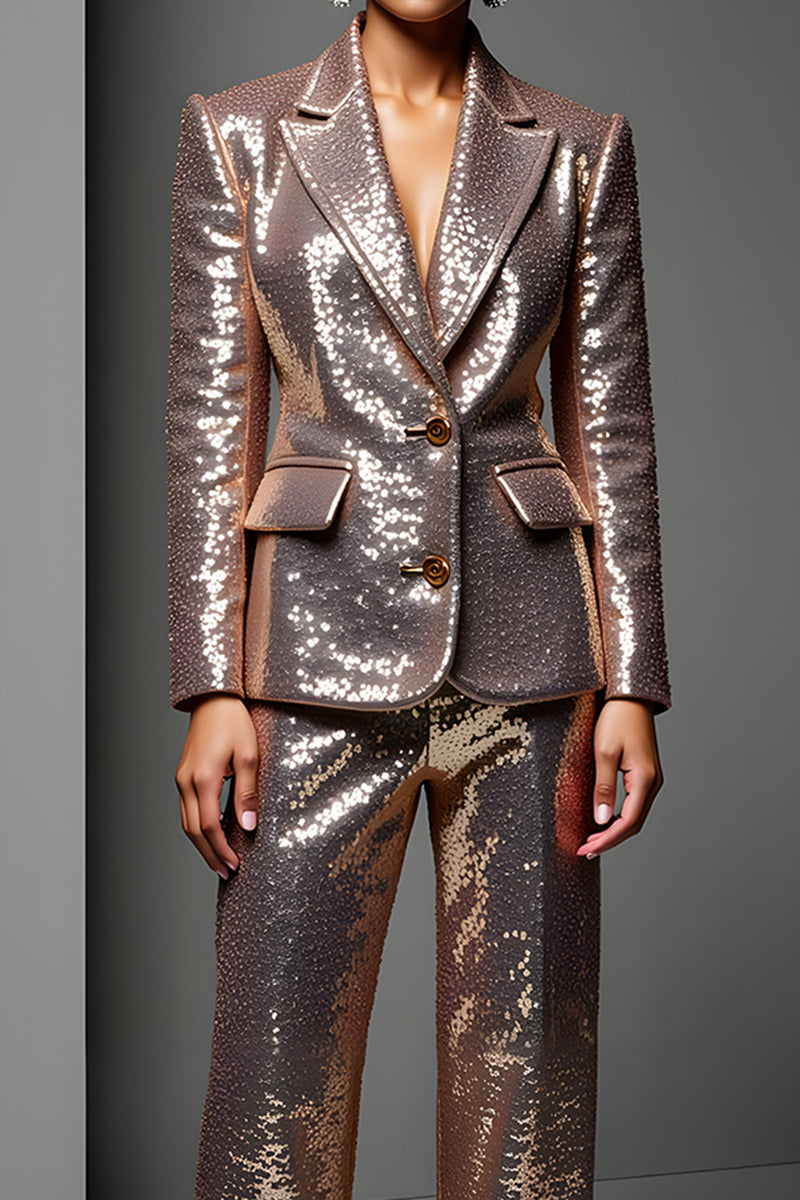Load image into Gallery viewer, 2 Piece Sparkly Rose Golden Sequin Peak Lapel Long Sleeves Prom Suits