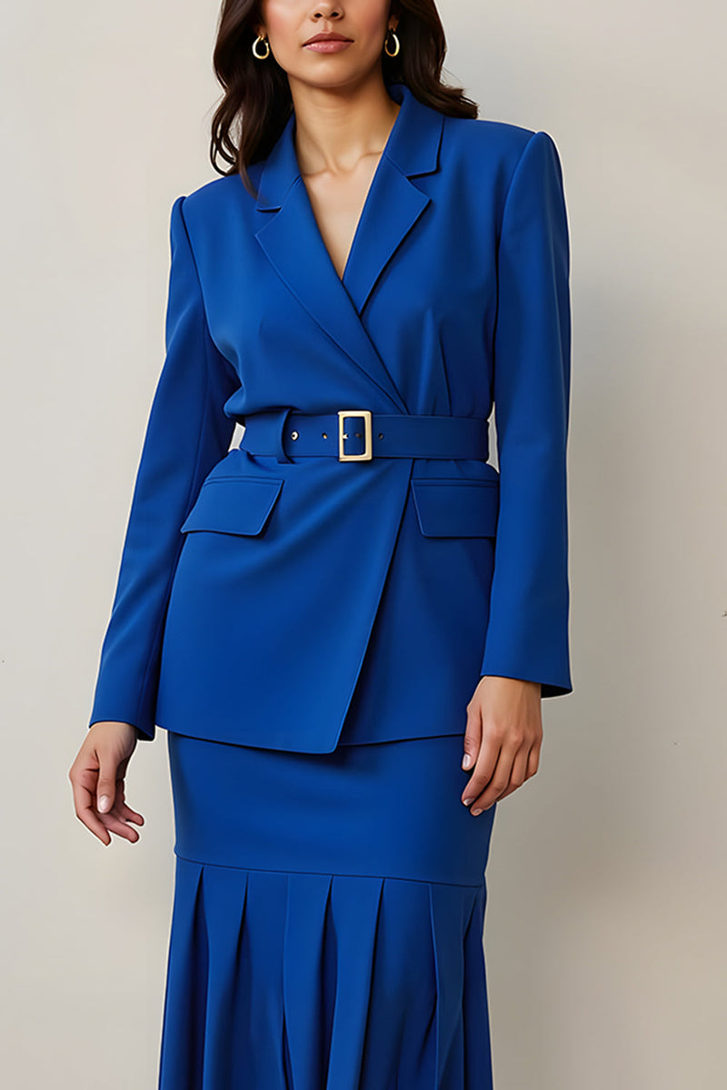 Load image into Gallery viewer, Royal Blue 2 Piece Notched Lapel Midi Pencil Business Suits with Belt