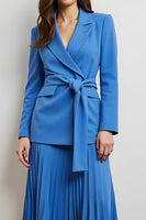 Load image into Gallery viewer, Blue 2 Piece Long Sleeves Peak Lapel Midi Pleated Business Suits with Sash