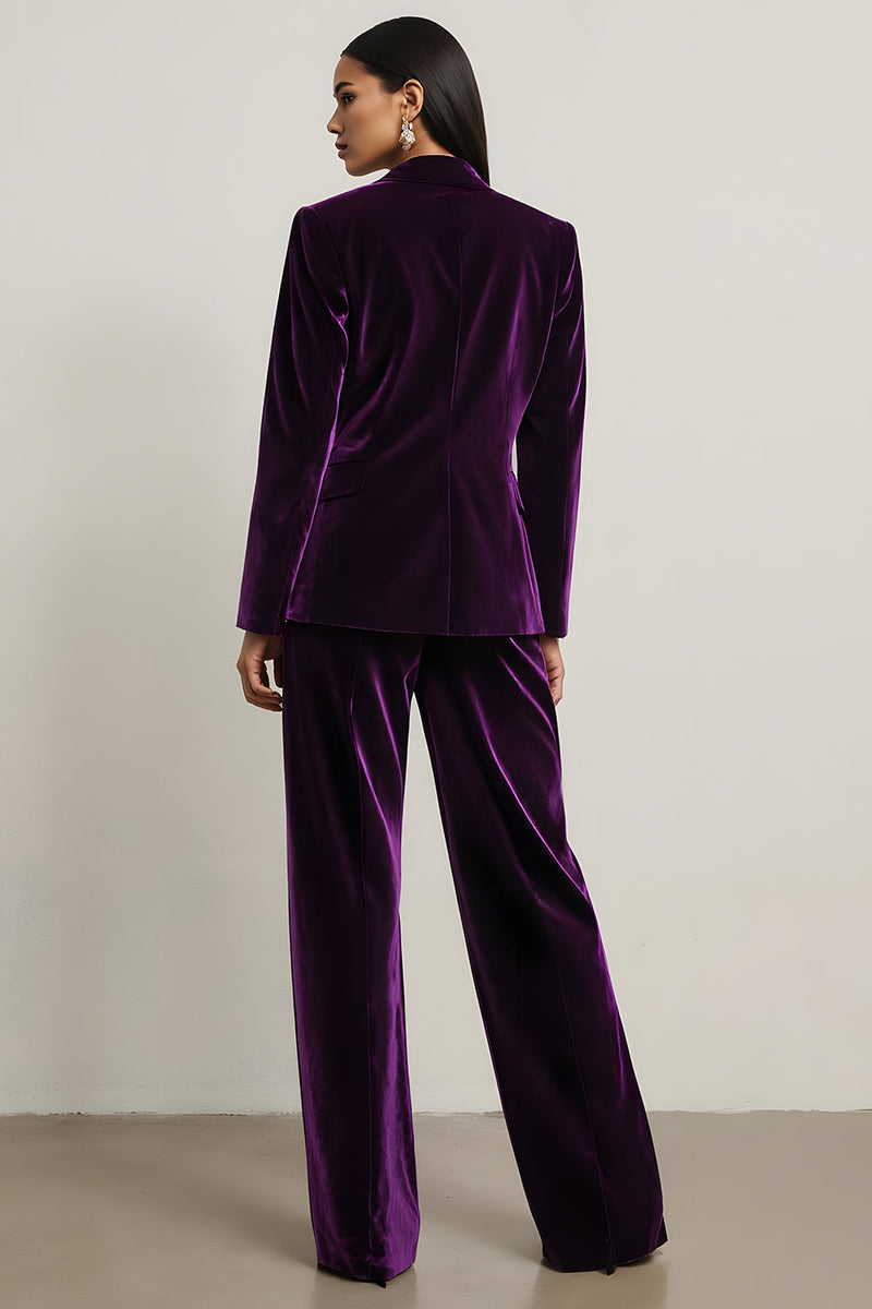 Load image into Gallery viewer, Dark Purple Velvet 2 Piece Notched Lapel Long Sleeves Prom Suits