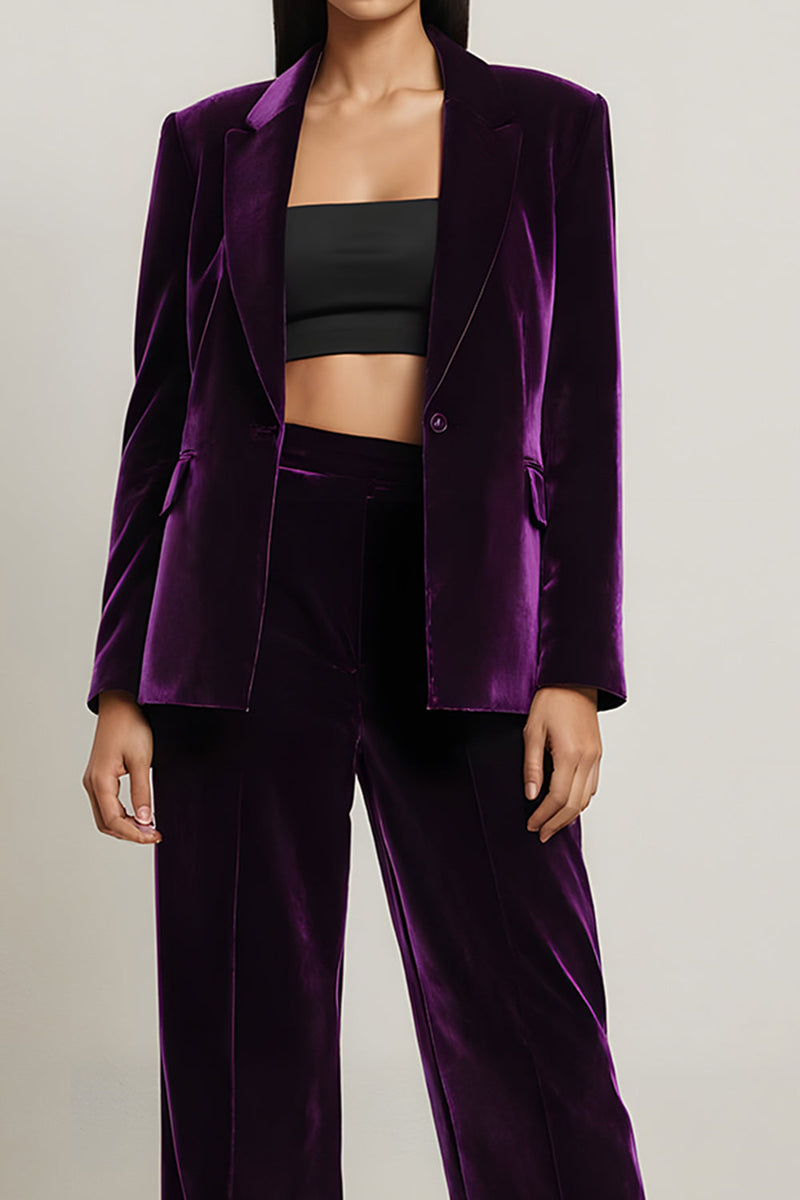 Load image into Gallery viewer, Dark Purple Velvet 2 Piece Notched Lapel Long Sleeves Prom Suits