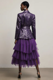 2 Piece Sparkly Dark Purple Tulle Sequin Notched Lapel Long Sleeves Prom Suits