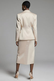 2 Piece Champagne Peak Lapel Pencil Midi Business Suits with Slit