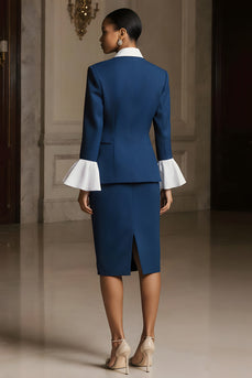 3 Piece Navy Pencil Peak Lapel Long Sleeves Midi Business Suits