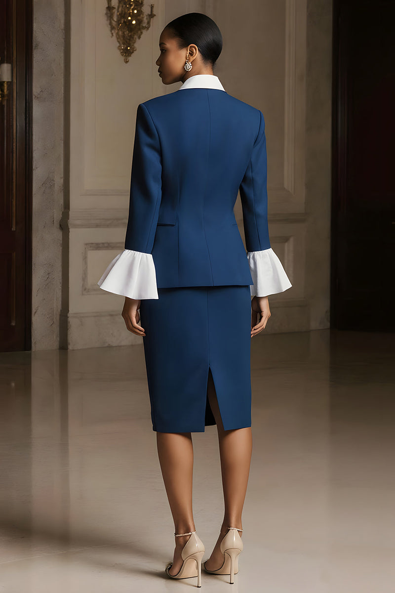 Load image into Gallery viewer, 3 Piece Navy Pencil Peak Lapel Long Sleeves Midi Business Suits