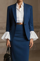 Load image into Gallery viewer, 3 Piece Navy Pencil Peak Lapel Long Sleeves Midi Business Suits