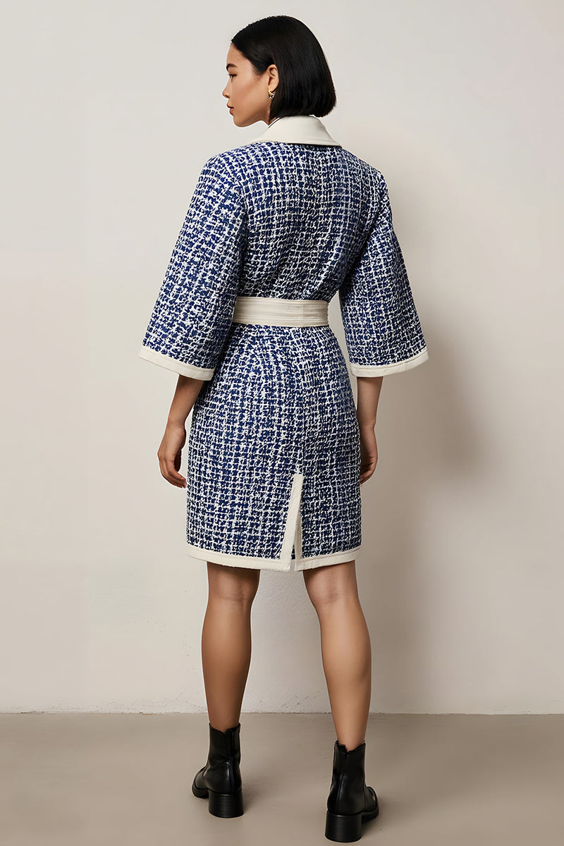 Load image into Gallery viewer, Blue Pencil Tweed Notched Lapel Half Sleeves Short Work Dress with Sash