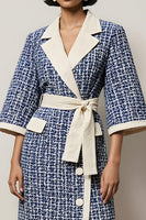 Load image into Gallery viewer, Blue Pencil Tweed Notched Lapel Half Sleeves Short Work Dress with Sash