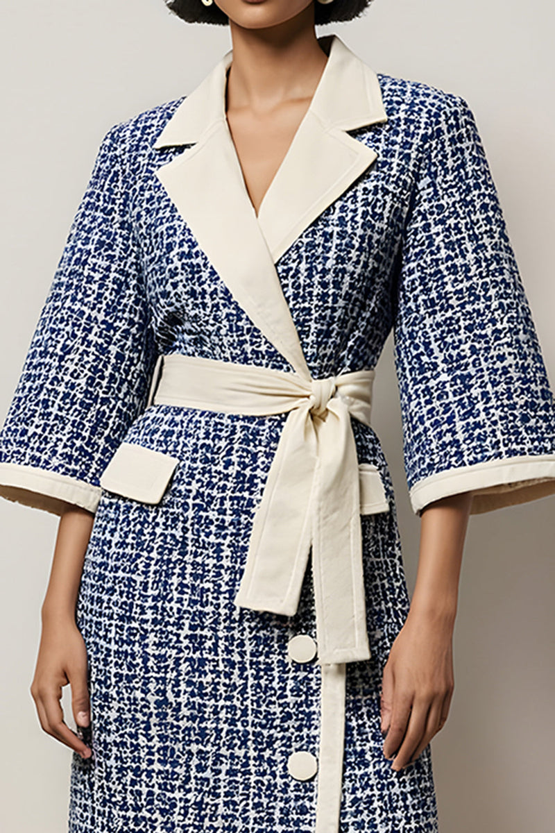 Load image into Gallery viewer, Blue Pencil Tweed Notched Lapel Half Sleeves Short Work Dress with Sash