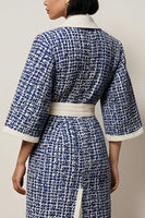 Load image into Gallery viewer, Blue Pencil Tweed Notched Lapel Half Sleeves Short Work Dress with Sash