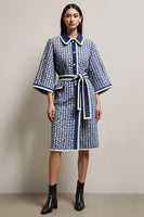 Load image into Gallery viewer, Blue Tweed Pencil Collar Neck Half Sleeves Midi Work Dress with Sash