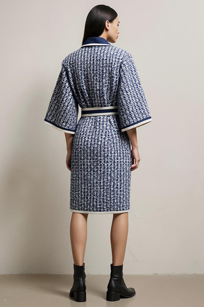 Load image into Gallery viewer, Blue Tweed Pencil Collar Neck Half Sleeves Midi Work Dress with Sash