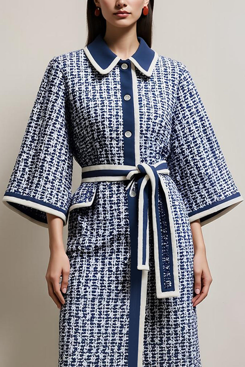 Load image into Gallery viewer, Blue Tweed Pencil Collar Neck Half Sleeves Midi Work Dress with Sash
