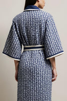 Load image into Gallery viewer, Blue Tweed Pencil Collar Neck Half Sleeves Midi Work Dress with Sash