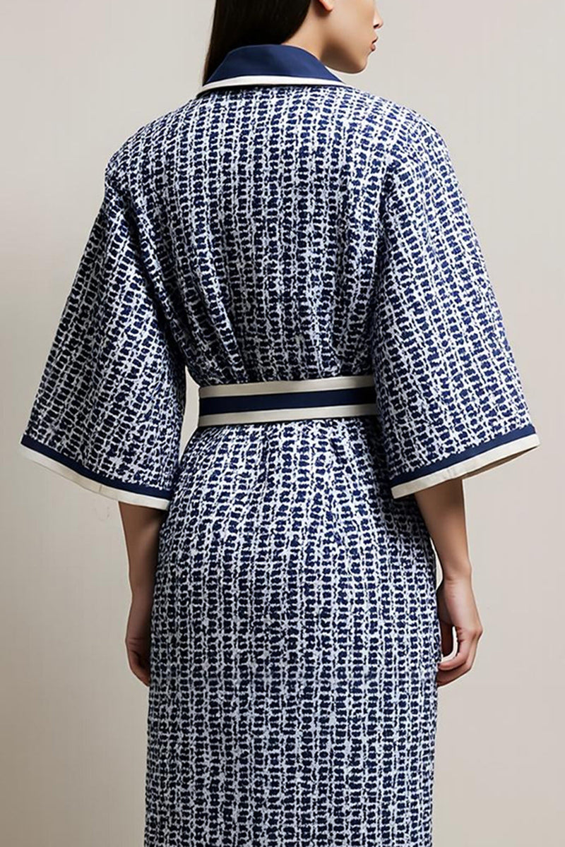Load image into Gallery viewer, Blue Tweed Pencil Collar Neck Half Sleeves Midi Work Dress with Sash