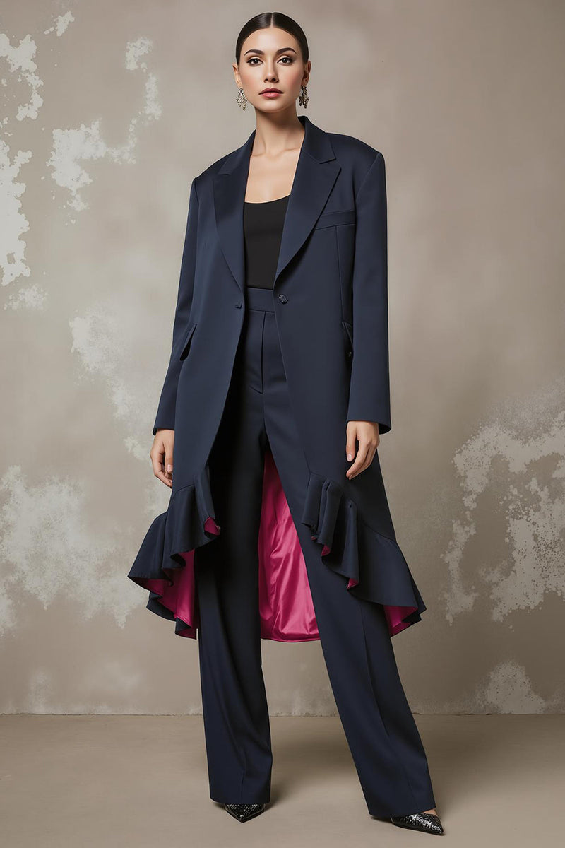 Load image into Gallery viewer, 2 Piece Navy Notched Lapel Long Sleeves Business Suits with Ruffles