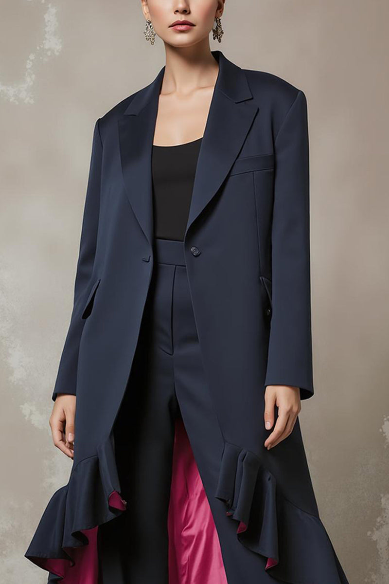 Load image into Gallery viewer, 2 Piece Navy Notched Lapel Long Sleeves Business Suits with Ruffles