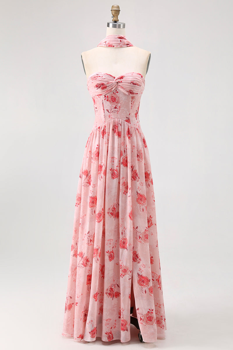 Load image into Gallery viewer, Floral Dusty Rose A Line Neck Scarf Strapless Long Bridesmaid Dress with Slit