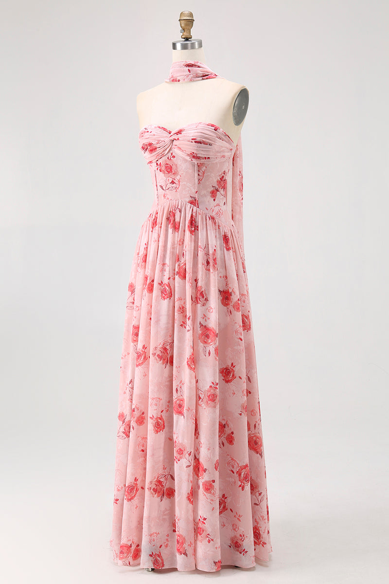 Load image into Gallery viewer, Floral Dusty Rose A Line Neck Scarf Strapless Long Bridesmaid Dress with Slit