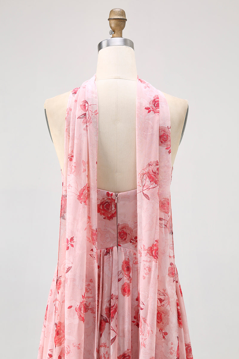 Load image into Gallery viewer, Floral Dusty Rose A Line Neck Scarf Strapless Long Bridesmaid Dress with Slit