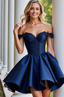 Load image into Gallery viewer, Navy A Line Satin Corset Short Homecoming Dress with Lace