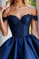 Load image into Gallery viewer, Navy A Line Satin Corset Short Homecoming Dress with Lace