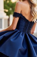 Load image into Gallery viewer, Navy A Line Satin Corset Short Homecoming Dress with Lace
