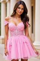 Load image into Gallery viewer, Pink A Line Tulle Short Corset Homecoming Dress with Lace