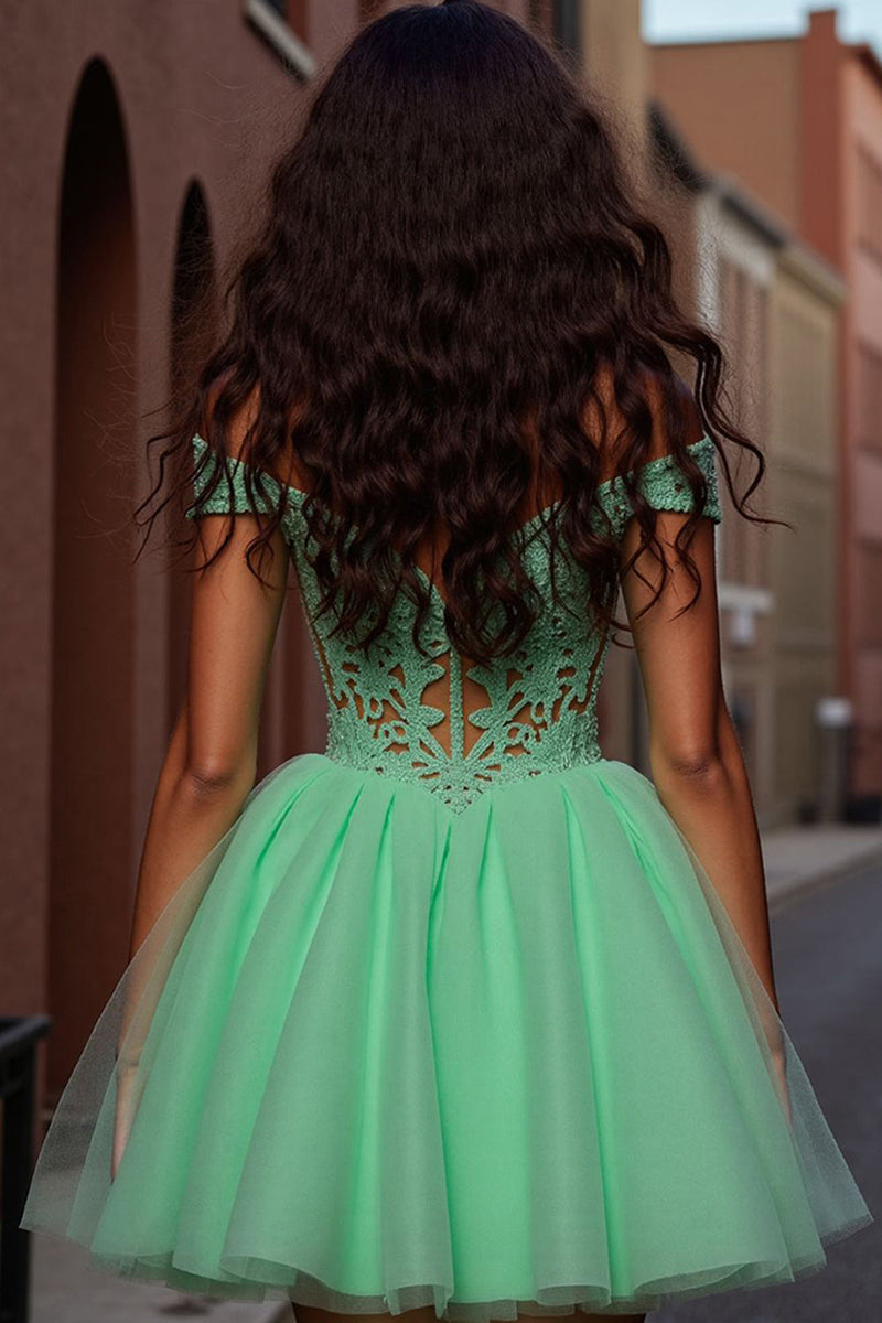 Load image into Gallery viewer, Sparkly Light Green A Line Corset Short Tulle Homecoming Dress with Lace