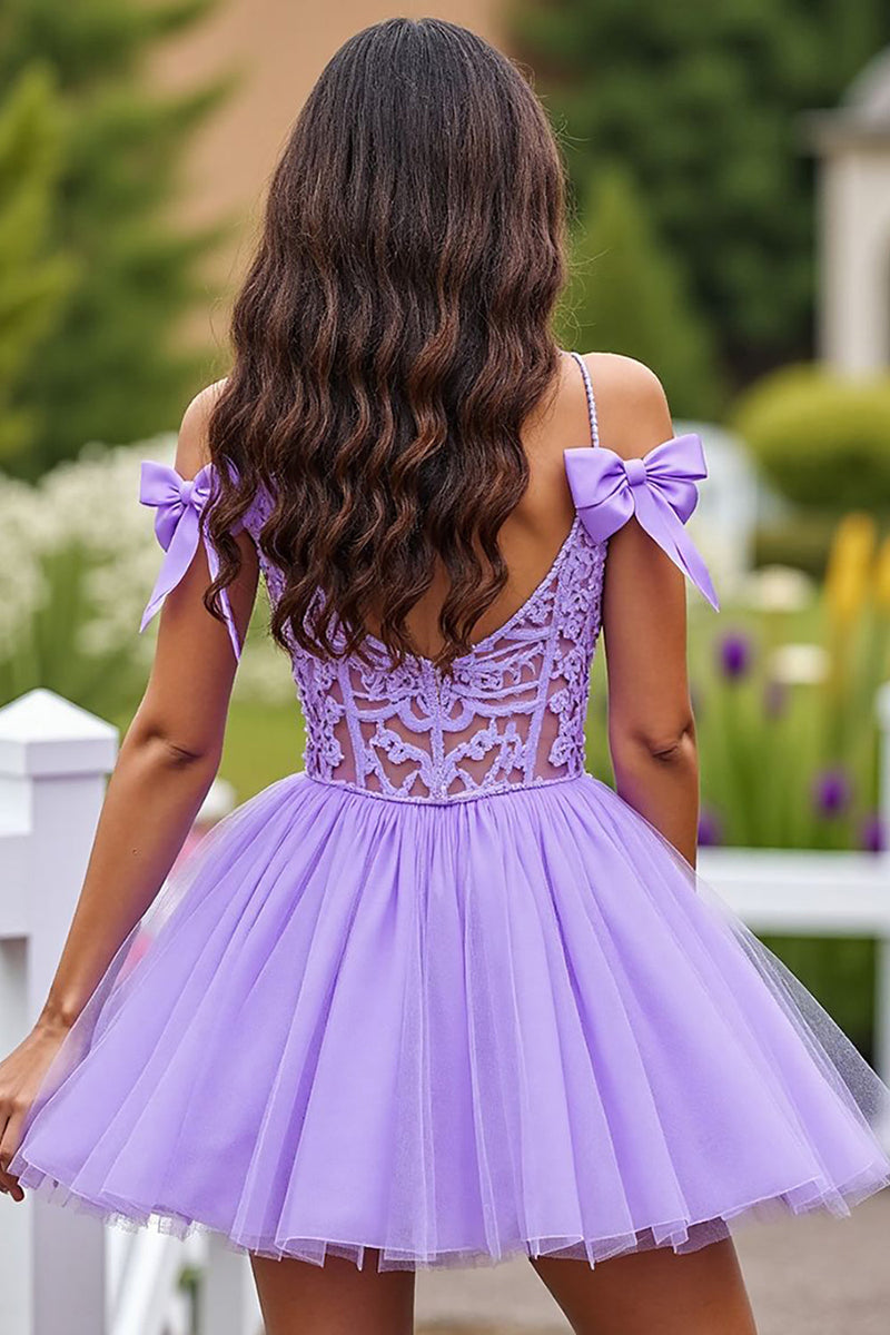 Load image into Gallery viewer, Lavender Tulle A Line Short Corset Homecoming Dress with Lace