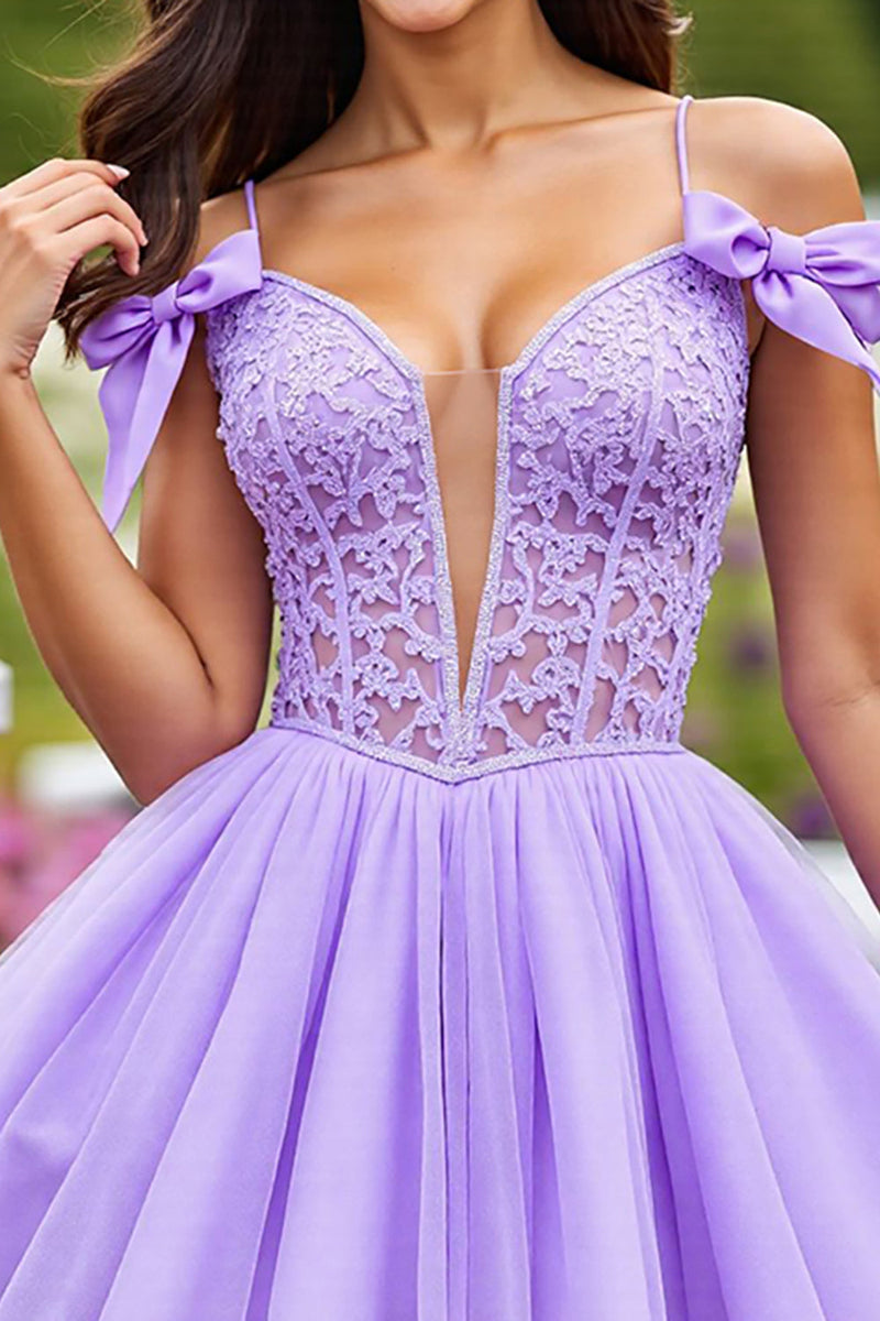 Load image into Gallery viewer, Lavender Tulle A Line Short Corset Homecoming Dress with Lace