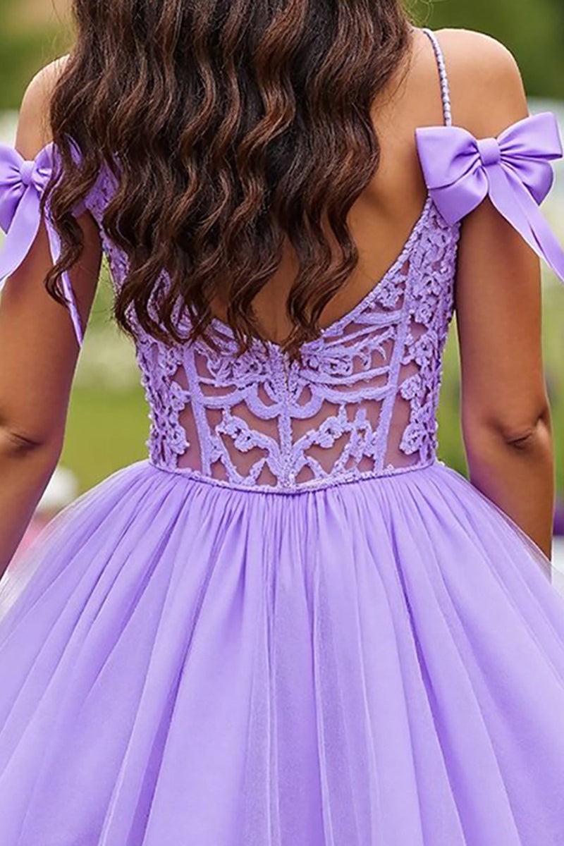 Load image into Gallery viewer, Lavender Tulle A Line Short Corset Homecoming Dress with Lace