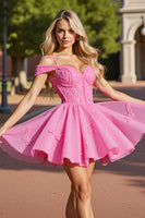 Load image into Gallery viewer, Pink Cold Shoulder Short Corset Homecoming Dress with Lace