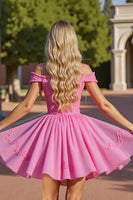 Load image into Gallery viewer, Pink Cold Shoulder Short Corset Homecoming Dress with Lace