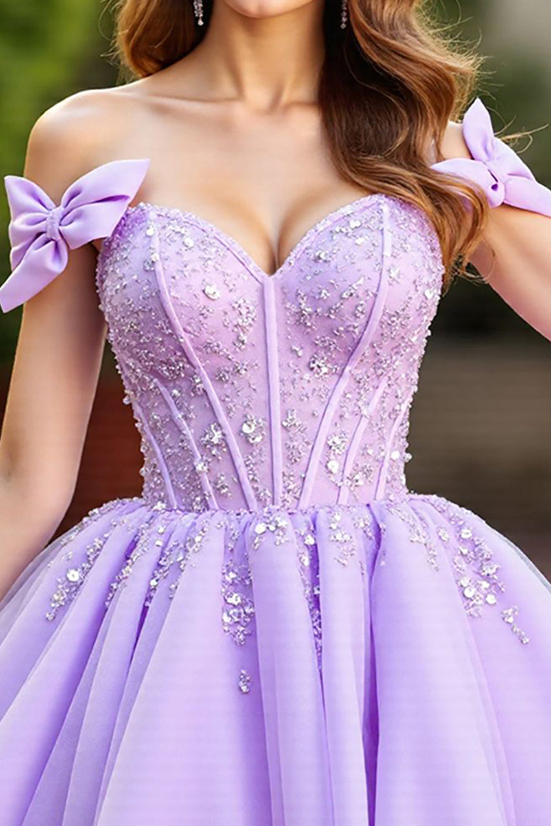 Load image into Gallery viewer, Lavender Tulle Short Corset Homecoming Dress with Bows