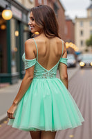 Load image into Gallery viewer, Mint Green A Line Backless Short Tulle Homecoming Dress with Lace
