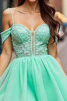 Load image into Gallery viewer, Mint Green A Line Backless Short Tulle Homecoming Dress with Lace