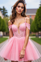 Load image into Gallery viewer, Blush Corset Detachable Sleeves Short Tulle Homecoming Dress with Lace