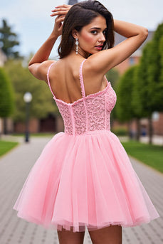 Blush Corset Detachable Sleeves Short Tulle Homecoming Dress with Lace