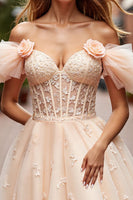 Load image into Gallery viewer, Floral Champagne Short Ruffled Corset Homecoming Dress with Lace