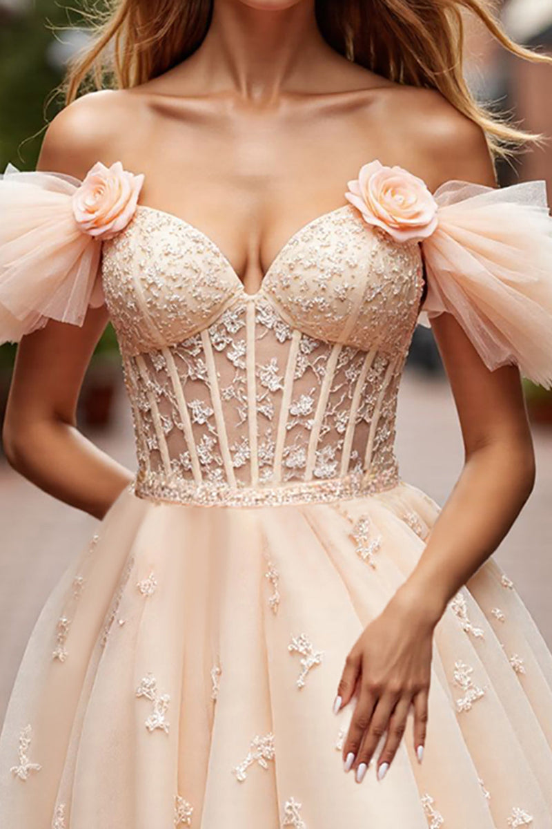 Load image into Gallery viewer, Floral Champagne Short Ruffled Corset Homecoming Dress with Lace