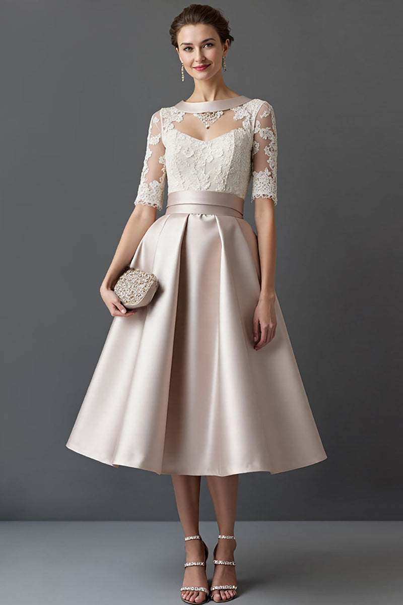 Load image into Gallery viewer, Apricot Satin A Line Midi Mother of the Bride Dress with Lace
