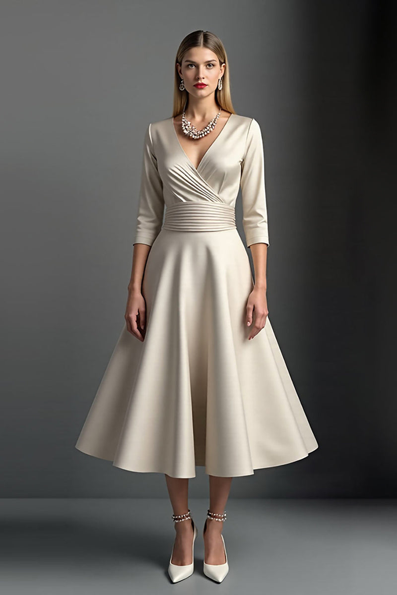 Load image into Gallery viewer, Apricot A Line V-Neck Midi Satin Mother of the Bride Dress with Sleeves