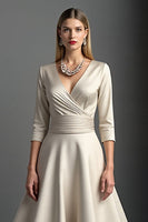 Load image into Gallery viewer, Apricot A Line V-Neck Midi Satin Mother of the Bride Dress with Sleeves