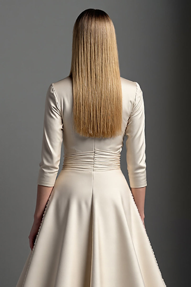 Load image into Gallery viewer, Apricot A Line V-Neck Midi Satin Mother of the Bride Dress with Sleeves